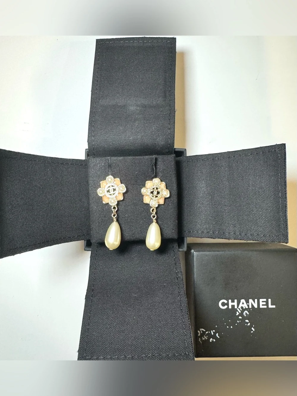 Chanel CC Logo Pale Pink Peach Resin and Fantasy Pearl Drop Earrings W Box